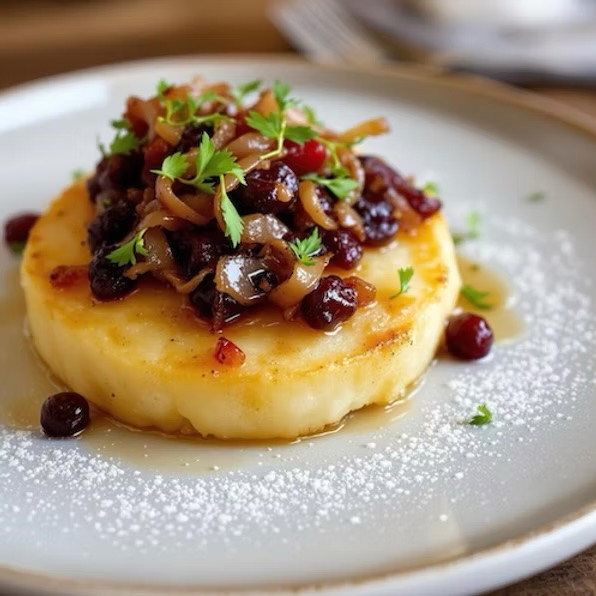 Potato Pavé with Burnt Onion and. Cherry Jam