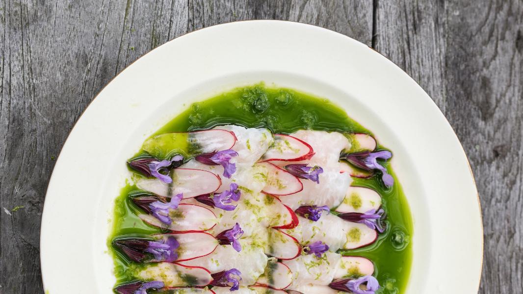 Image of Fluke Crudo Swimming in Basil Oil