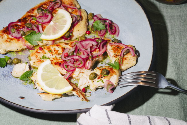 Image of Plant-Based Flaky Fish with Red Onion and Caper Relish