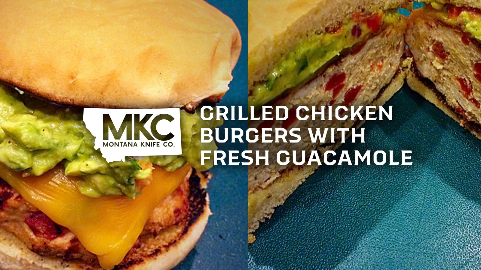 Grilled chicken burger topped with melted cheese, lime-cilantro tomatoes, and homemade guacamole on a toasted bun.