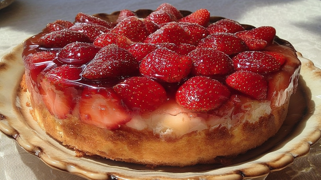 Veganer Erdbeerkuchen mit frischen halbierten Erdbeeren auf lockerem Rührteigboden, serviert auf einem Teller – perfektes Sommerdessert