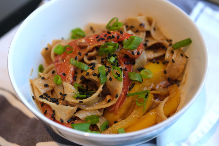 Image of Plate and top with the tops of the green onions and sesame seeds if you have them. Serve right away or sauce will begin to dry