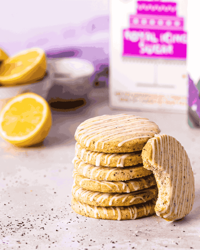 a stack of earl grey biscuits topped with lemon royal icing