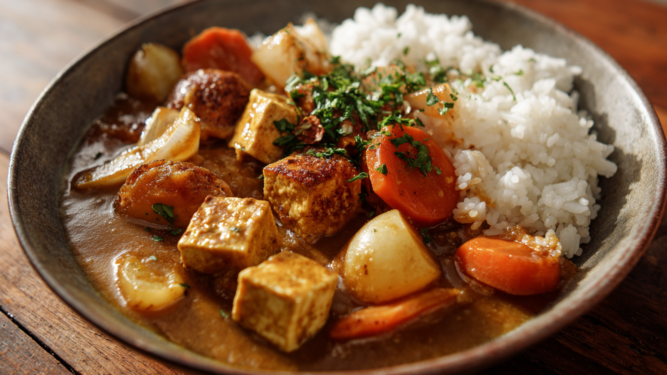 Cremiges veganes japanisches Curry (Kare Raisu) mit Reis, Kartoffeln, Karotten, Zwiebeln und Tofu, serviert in einer Schüssel – farbenfroh, sämig und sättigend.