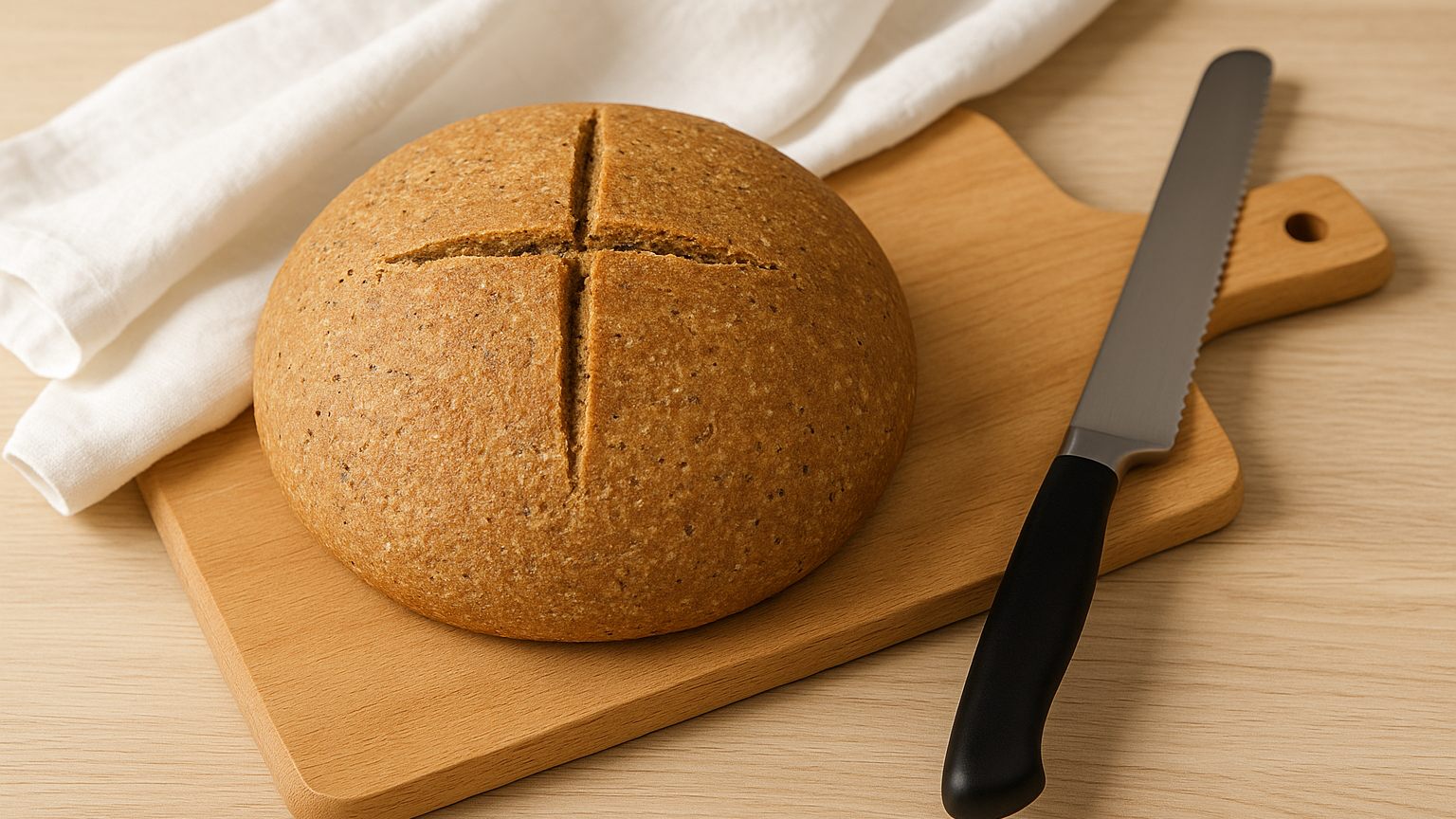 A round loaf of homemade grain-free bread featuring a distinct Christian cross cut into the top, set on a wooden cutting board with a white linen tea towel and a serrated bread knife