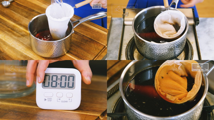 Image of Pour the water onto the tea through the sock filter. Then, leave the tea in the pot and heat it over the lowest heat for 8 minutes—this is called 焗茶. Please monitor the heat and keep the water just below the...