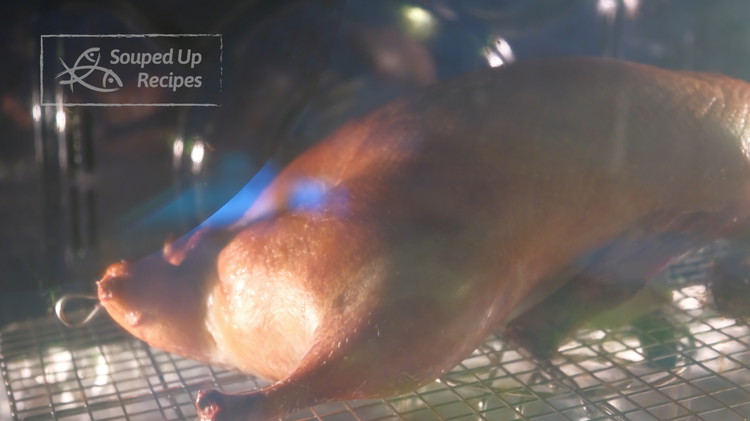 Image of Roast the duck at 360 F for 20 minutes. The purpose is to allow the high heat to build to attain that beautiful golden-red color on the skin.