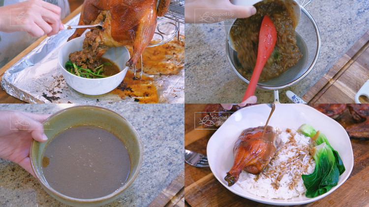 Image of If everything goes right, you will have a perfect, golden brown, crispy roasted duck. Before serving, pull the skewer out and drain all of the onion juice into a small bowl. Pour the onion juice through a strainer. You can...