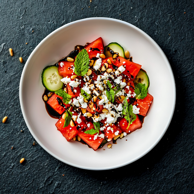 Image of Wassermelonen-Gurken-Feta-Salat mit Pinienkernen und Honig-Balsamico-Dressing