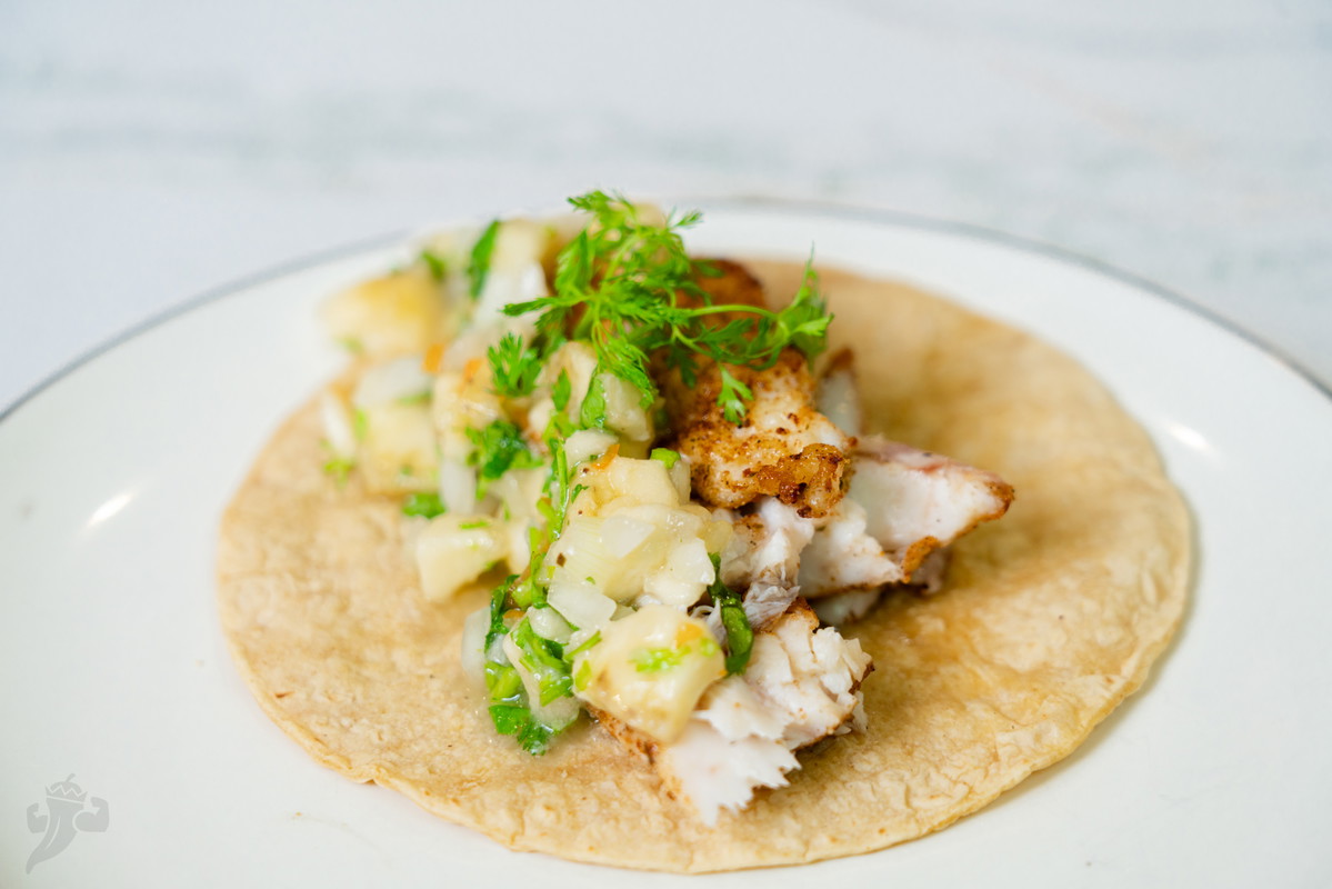 Jerk Snapper tacos with Banana & Scotch Bonnet Salsa