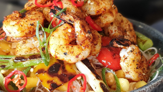 Image of Chilli-Lime Prawn Skewers with Glass Noodle Salad