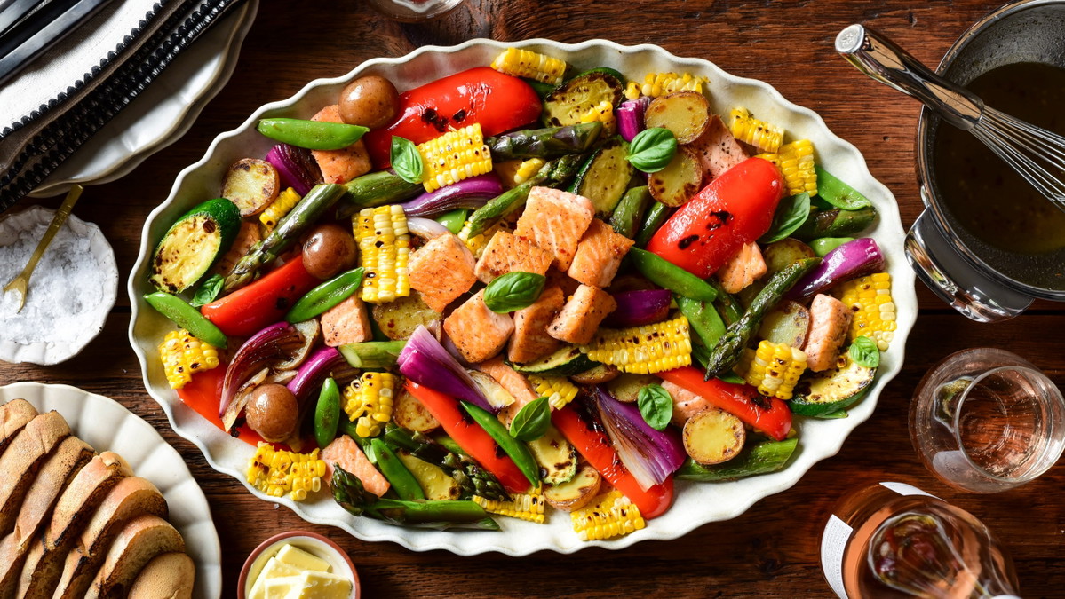 Charred Corn & Salmon Skillet Salad with Lemon Honey Dressing