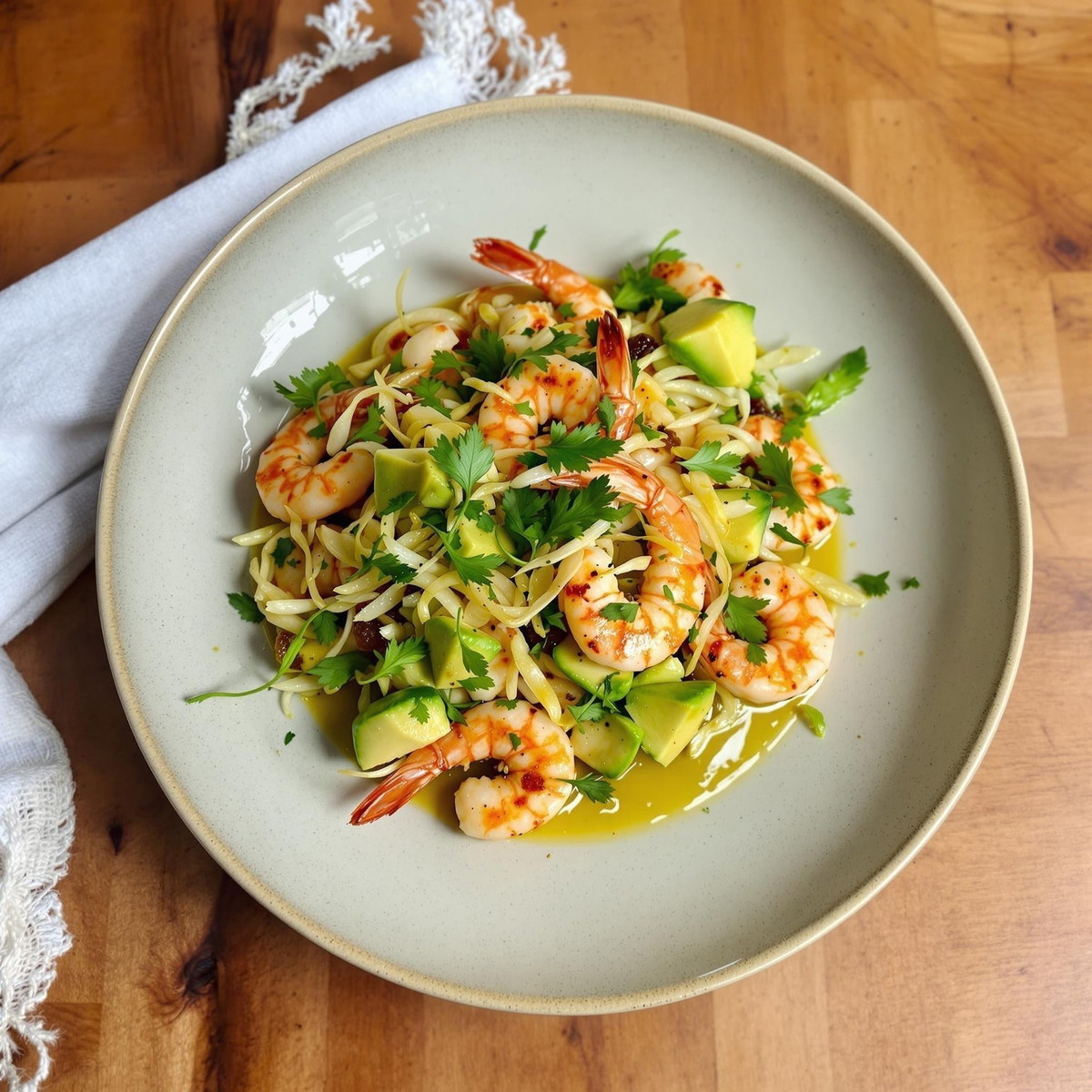 Olive Oil Poached Prawns with Avocado Salad
