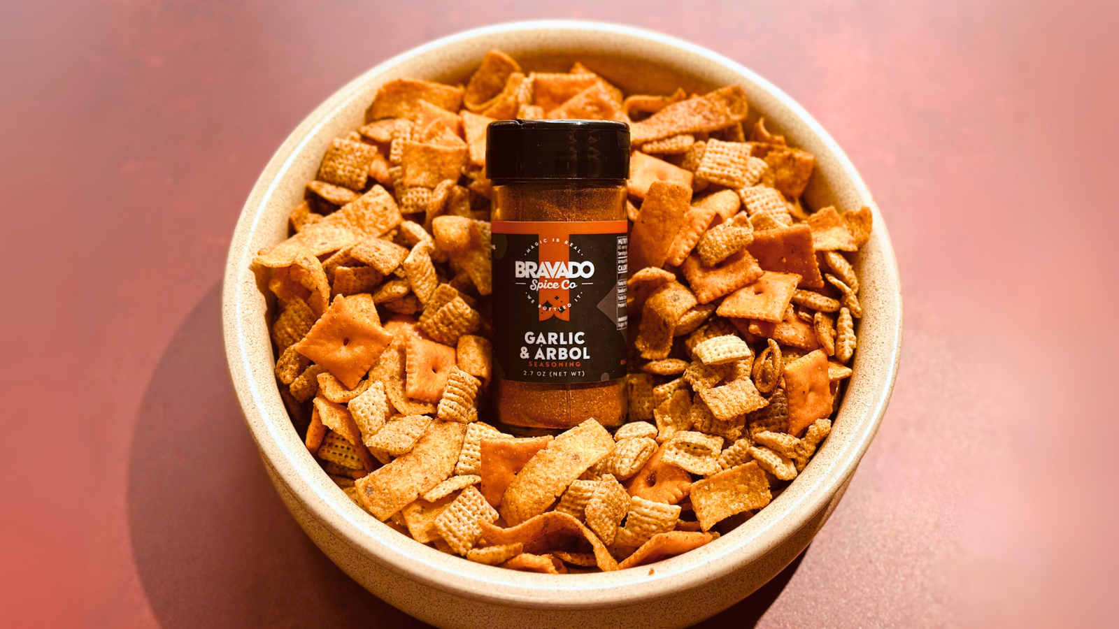 Photo of cheesy snack mix. 