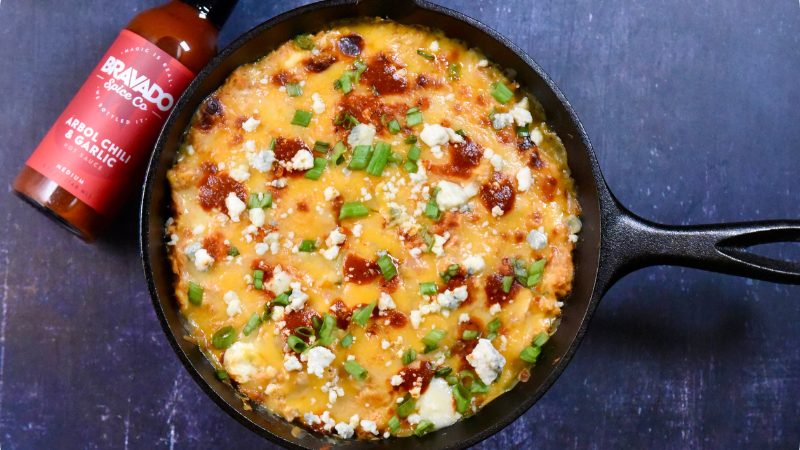 buffalo chicken dip in a skillet