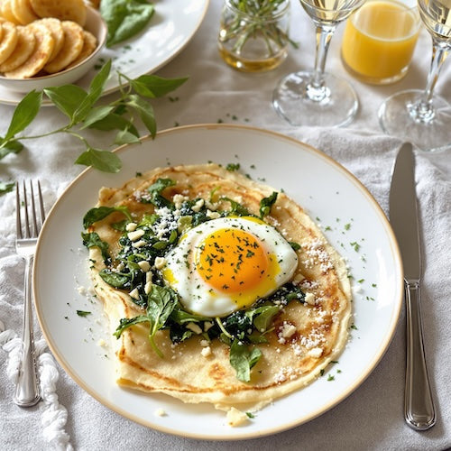 Savory Herb Crepes with Spinach, Gruyere and Olive Oil Fried Egg
