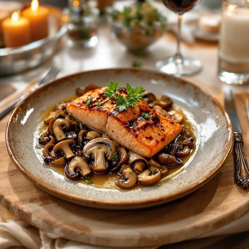 Pan Seared Salmon with Balsamic Mushrooms and Onions