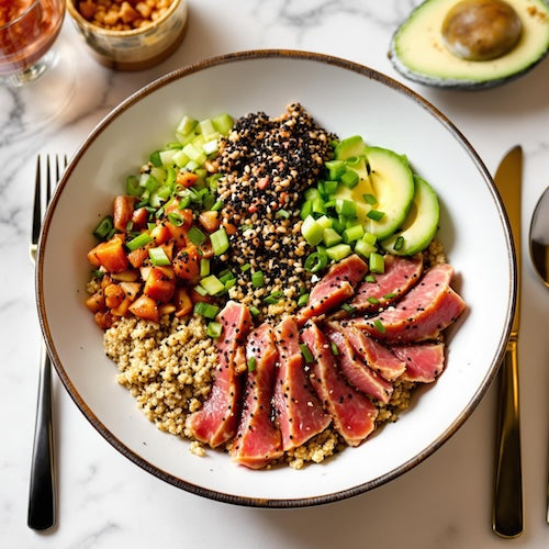Quinoa Ahi Tuna Poke Bowl with Spicy Baklouti-Miso Dressing