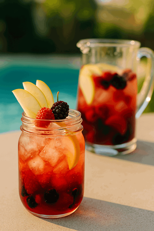 A cocktail in a mason jar, berries and apples as garnish, a pticher in the background all against a summer pool backdrop