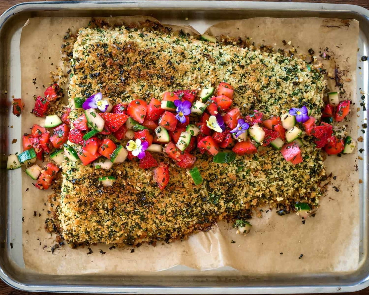 Herb-Crusted Salmon with Strawberry–Mint Salsa 