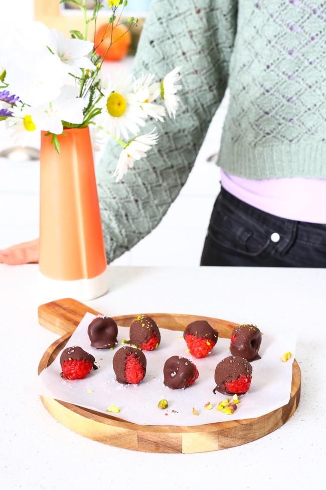 Image of Chocolate-Covered Raspberries Filled with Almond Butter
