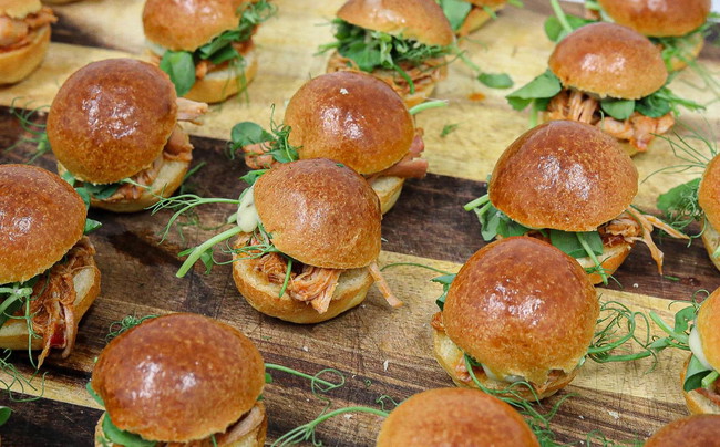 Mini Brioche Buns with Pulled Beef Brisket, Pea Shoots, Lemon & Coriander Mayo