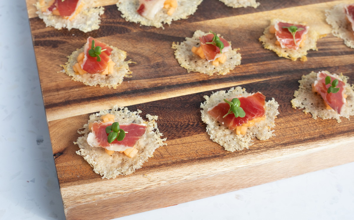 Parmesan Tuile Canapes with Iberico Bellota Ham and Zerbinati Melon