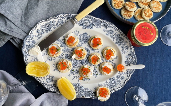 Salmon Caviar with Cream Cheese and Blinis