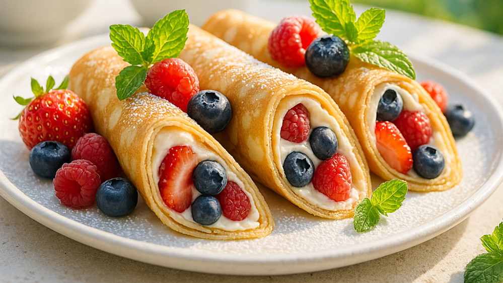 Image of Pfannkuchen-Röllchen mit Vanillesauce und Beeren