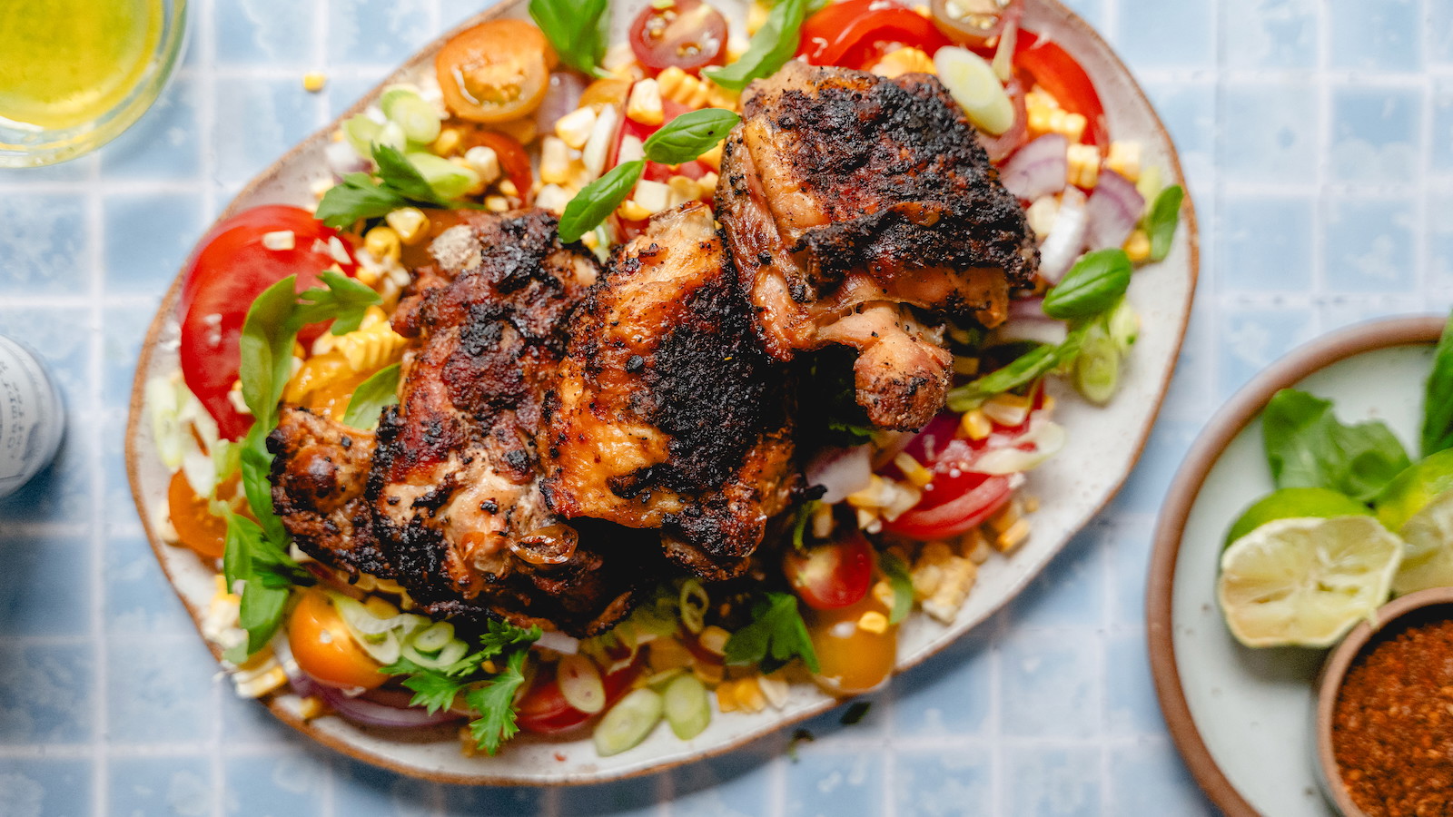 Image of Campfire Coffee Rubbed Chicken with Grilled Corn and Tomato Salad