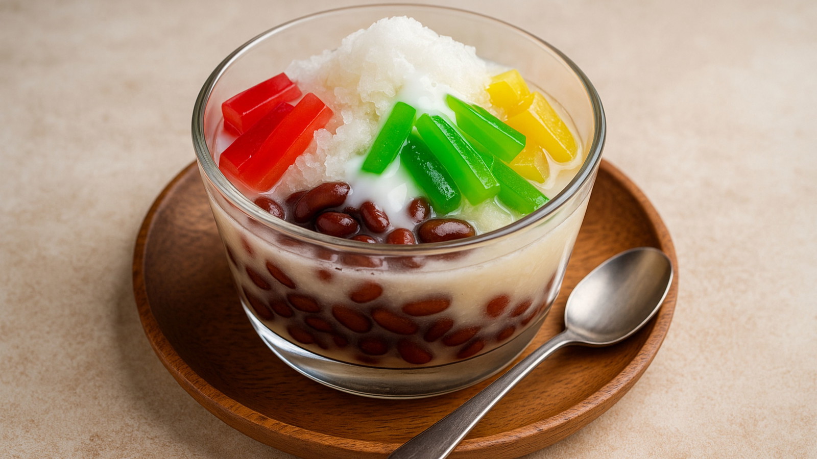 Image of Dessert glacé aux haricots et gelées colorées (Sousa)