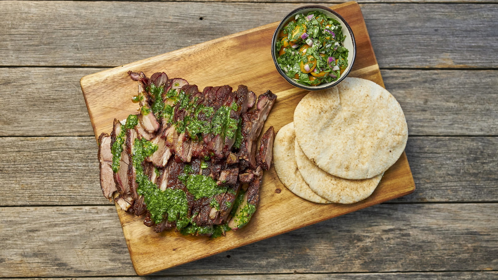 Image of Smoked Gundagai Lamb Shoulder with Coriander Sauce & Pita