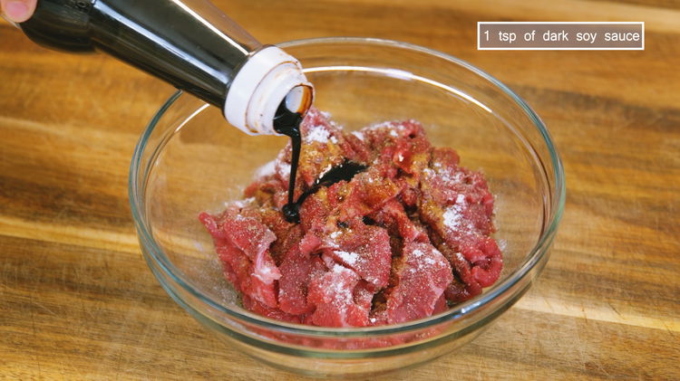 Image of Marinate the beef with 1/4 tsp of salt, 1/4 tsp...