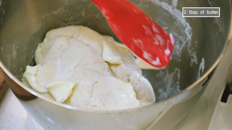 Image of Then knead it for a couple of minutes until a rough dough forms. Add 2 tbsp of room temperature butter and continue to knead for about 8 minutes on medium-low speed or until the butter is well absorbed. I am...