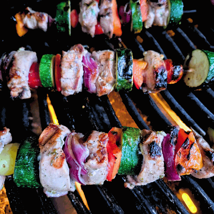 Image of Pre-heat an outdoor grill or griddle pan then add the skewers. Cook for 5-7 minutes per side until golden brown all over and cooked through. be careful not to overcook though, the boar is very lean and will cook faster...