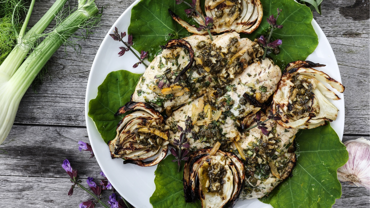 Image of Grilled Black Sea Bass Fillets with Tarragon-Citrus Relish & Grilled Fennel