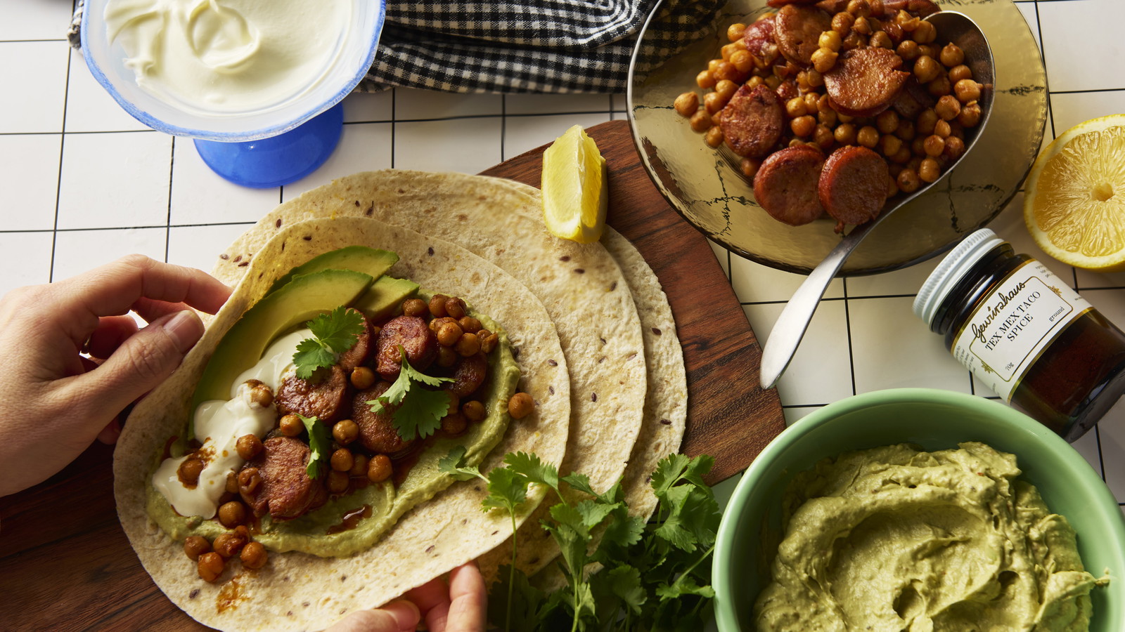 Image of Tex Mex Chickpeas with Chorizo & Avocado Mousse
