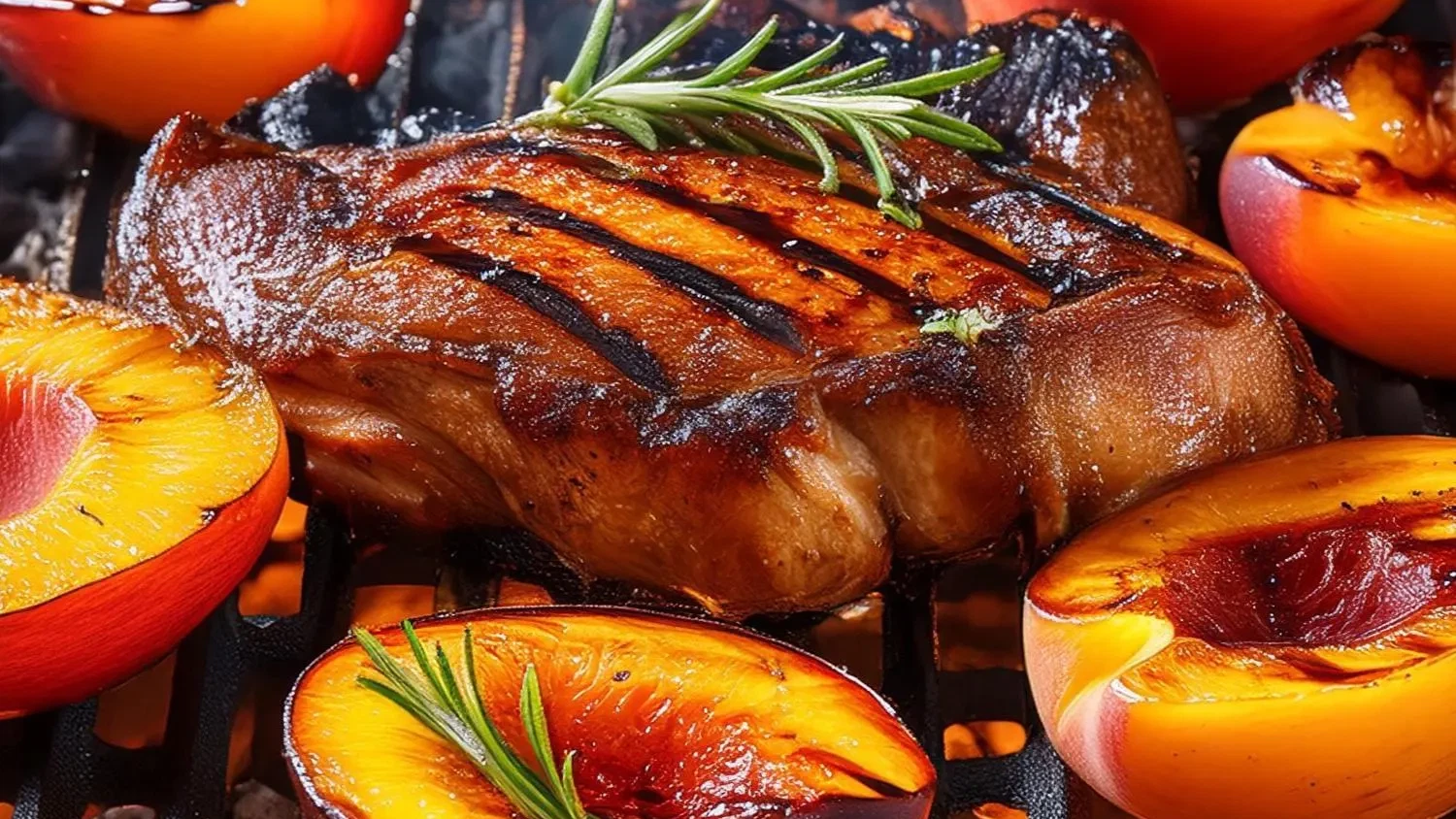 Image of Grilled Pork Chops and Palisade Grilled Savory Peaches