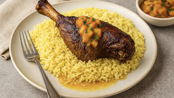 A white plate with a lamb shank served over rice and topped with peach chutney with a small dish of peach chutney on the side and a fork on the left side of the plate
