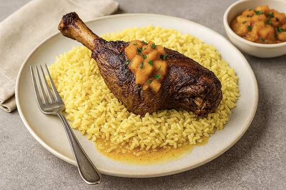 A white plate with a lamb shank served over rice and topped with peach chutney with a small dish of peach chutney on the side and a fork on the left side of the plate