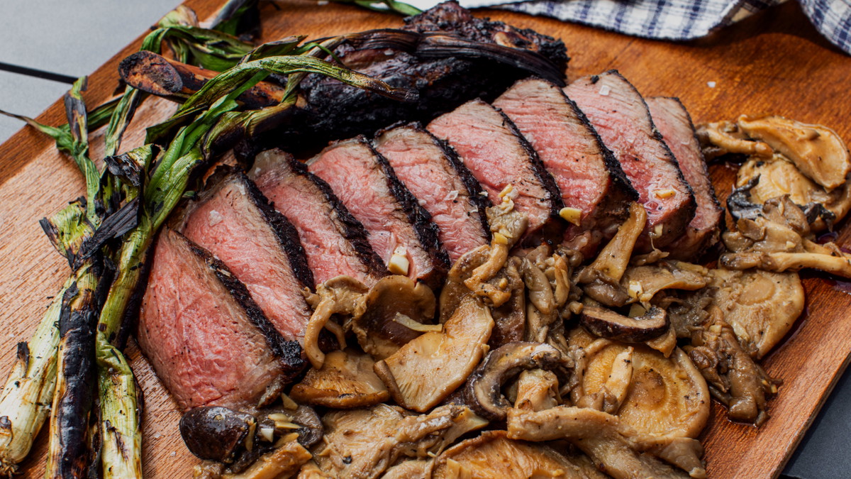 Grilled Bone-In Ribeye Filet with Soy Marinade & Miso Mushrooms