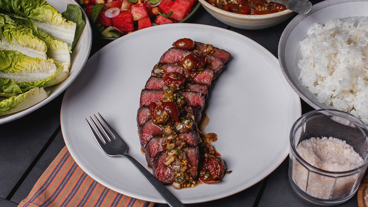 Grilled Hanger Steak with Tiger Bite Sauce & Sticky Rice Lettuce Cups