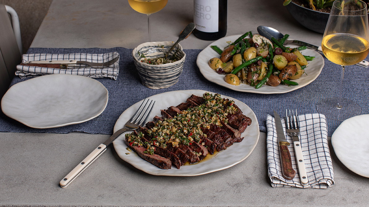 Grilled Flank Steak with Walnut Salsa Verde