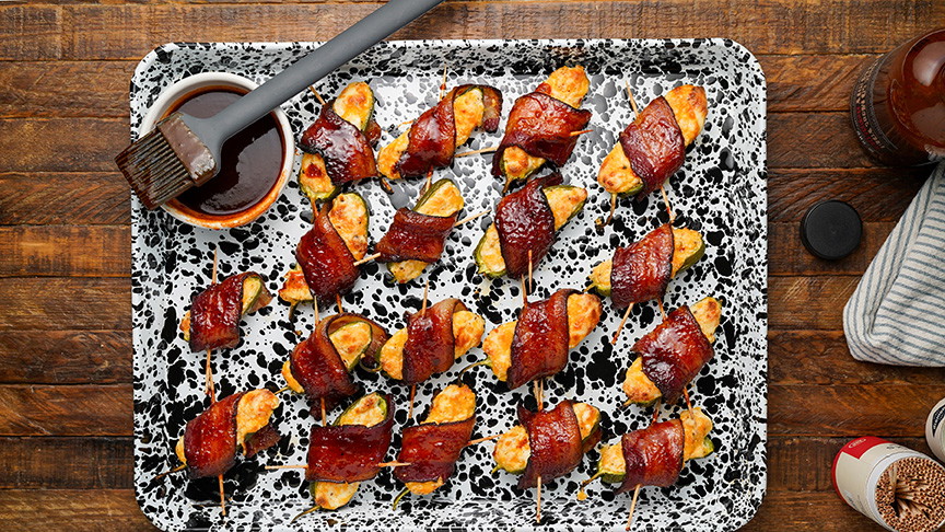 BBQ Glazed Bacon Wrapped Jalapeño Poppers