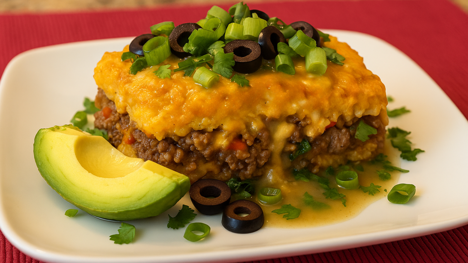 A serving of healthy tamale pie showing the three layers: cornmeal mush (polenta) on the top and bottom and meat and veggie filling in between with melted cheese on top and garnishes, including sliced scallion and black olives, avocado, and green salsa