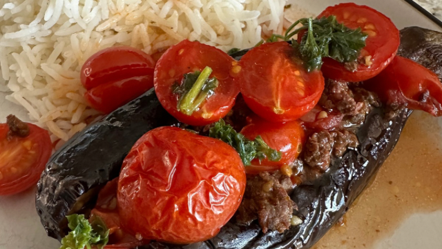 Image of Stuffed Eggplant with Fresh Tomatoes 
