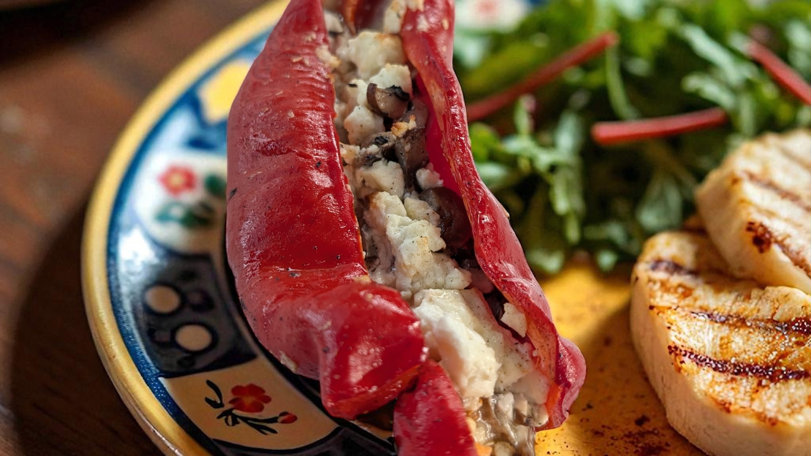 Image of Roasted Stuffed Romano Peppers with Garlic Chilli Oil