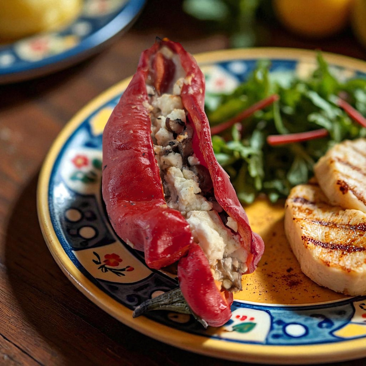 Roasted Stuffed Romano Peppers with Garlic Chilli Oil