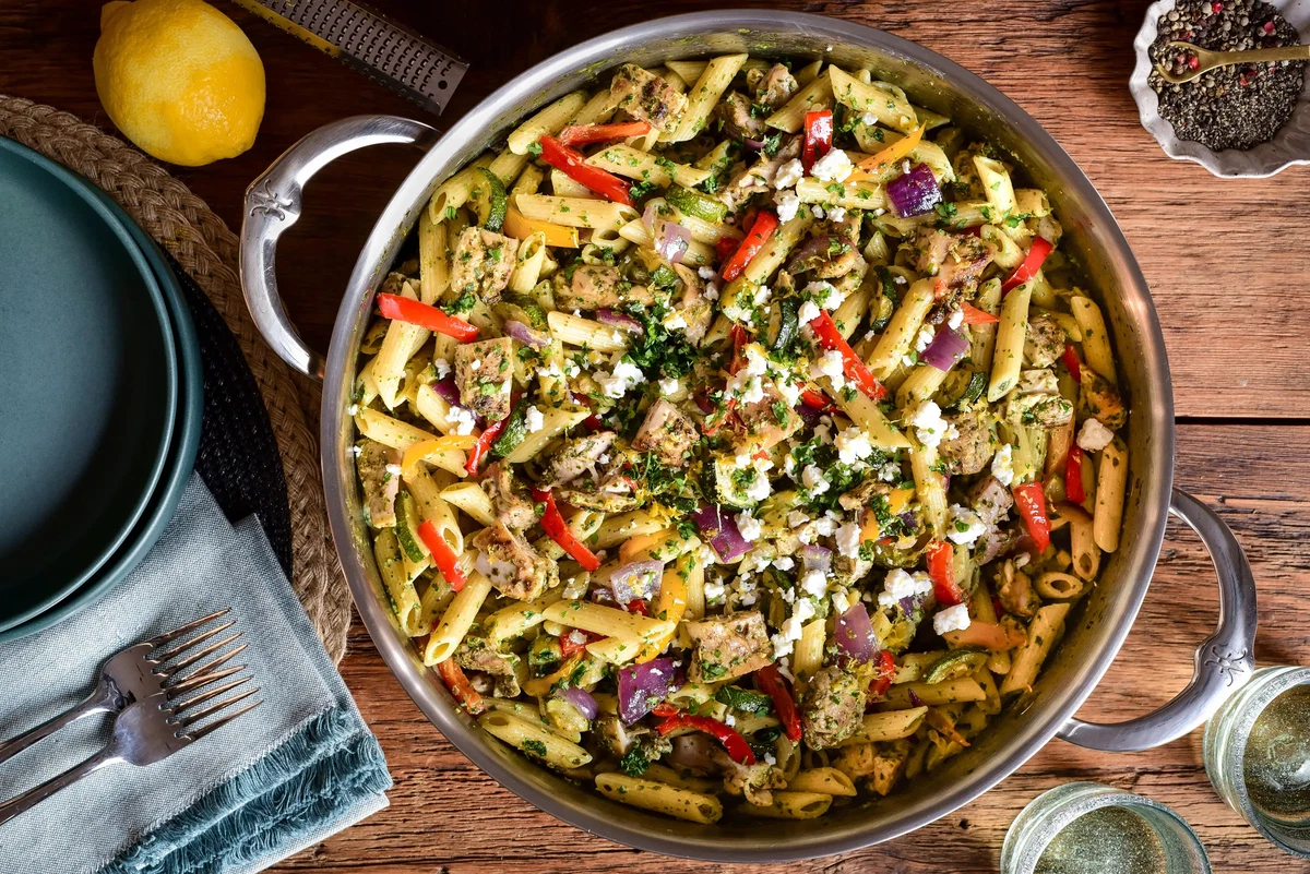 Zhoug Chicken Pasta Salad with Roasted Vegetables