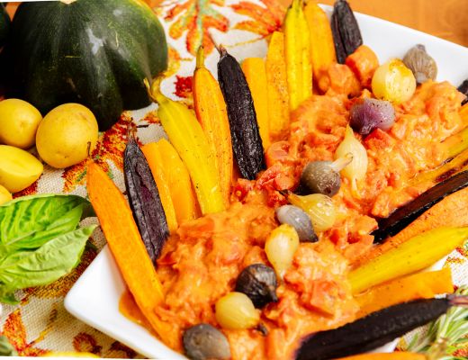 Image of Roasted Rainbow Carrots, Butternut Squash and Pearl Onions with  Vodka Cream Sauce